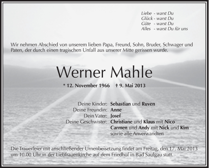  Traueranzeige für Werner Mahle vom 15.05.2013 aus Schwäbische Zeitung