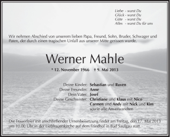 Anzeige von Werner Mahle von Schwäbische Zeitung
