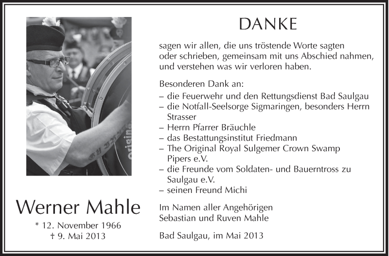  Traueranzeige für Werner Mahle vom 01.06.2013 aus Schwäbische Zeitung