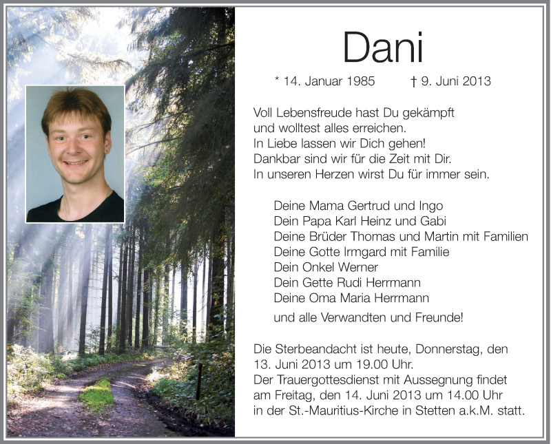  Traueranzeige für Dani  vom 13.06.2013 aus Schwäbische Zeitung