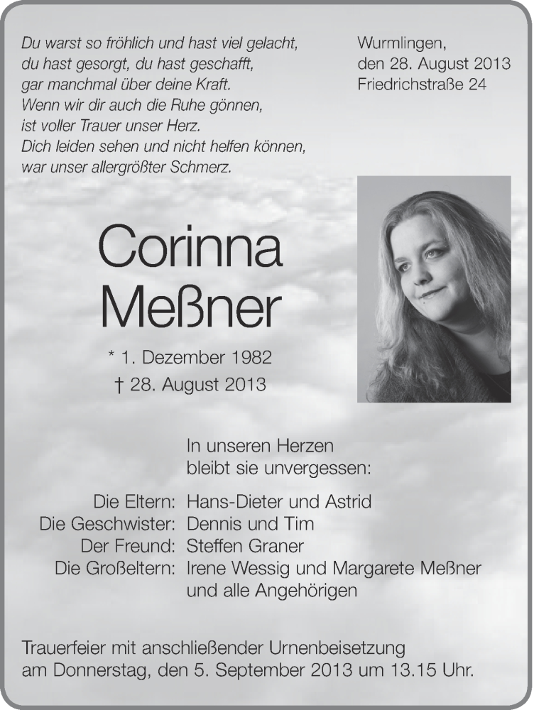 Traueranzeigen Von Corinna Me Ner Schwaebische De Trauerportal