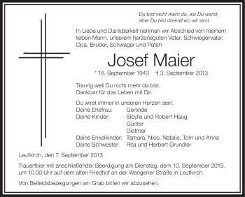 Traueranzeigen Von Josef Maier Schwaebische De Trauerportal