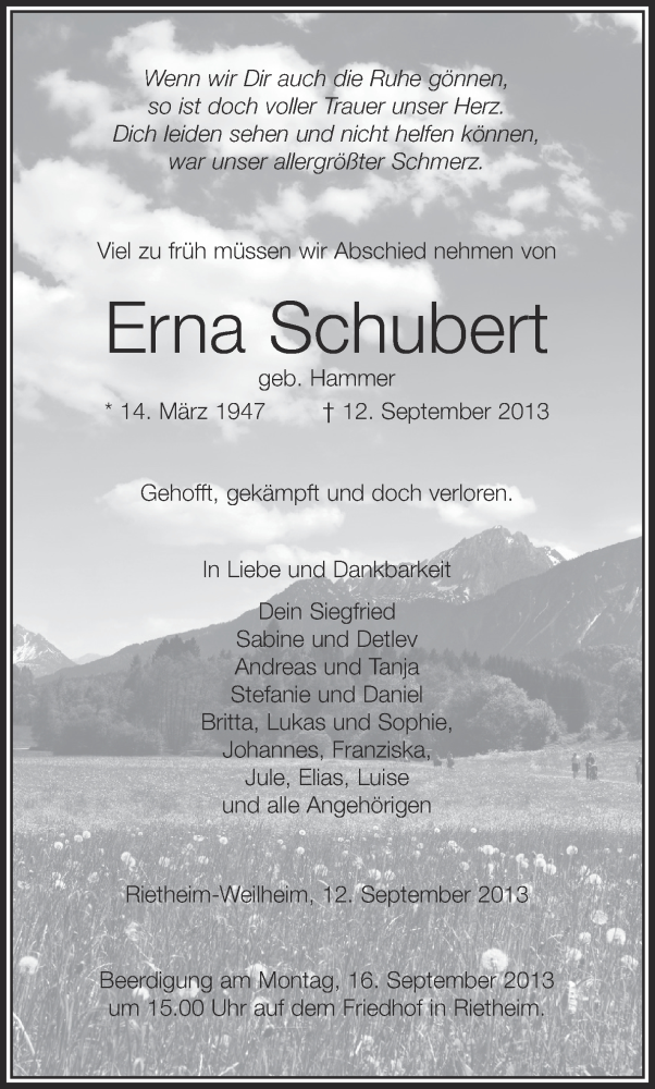  Traueranzeige für Erna Schubert vom 14.09.2013 aus Schwäbische Zeitung