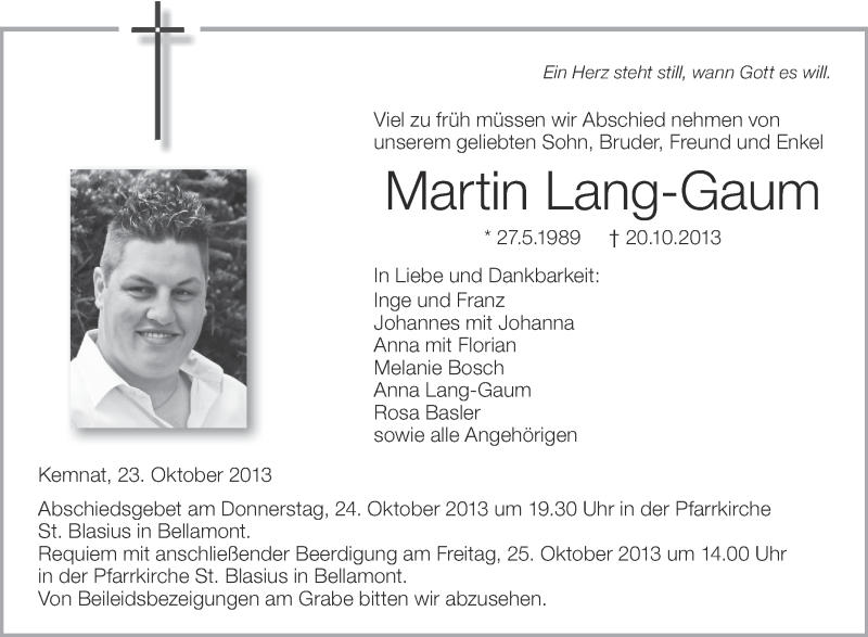  Traueranzeige für Martin Lang-Gaum vom 23.10.2013 aus Schwäbische Zeitung
