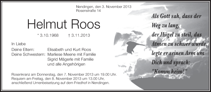  Traueranzeige für Helmut Roos vom 06.11.2013 aus Schwäbische Zeitung