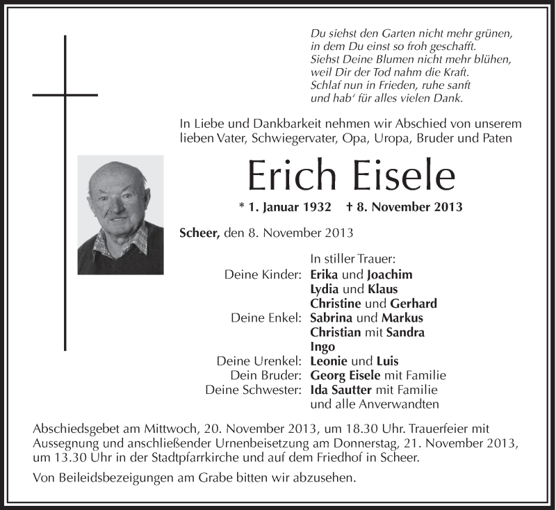  Traueranzeige für Erich Eisele vom 18.11.2013 aus Schwäbische Zeitung