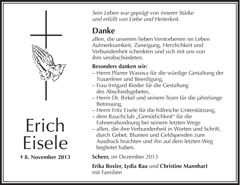  Traueranzeige für Erich Eisele vom 02.12.2013 aus Schwäbische Zeitung