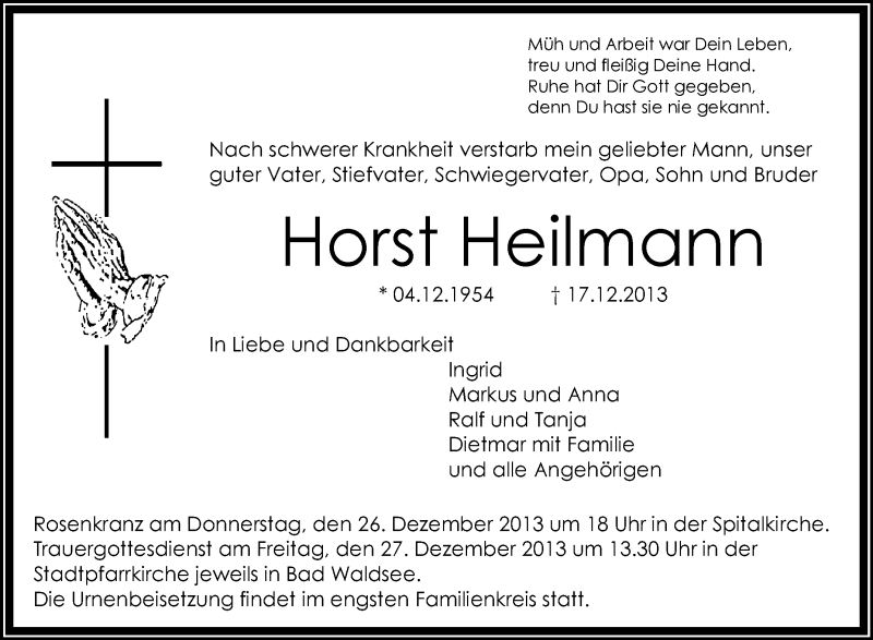  Traueranzeige für Horst Heilmann vom 24.12.2013 aus Schwäbische Zeitung
