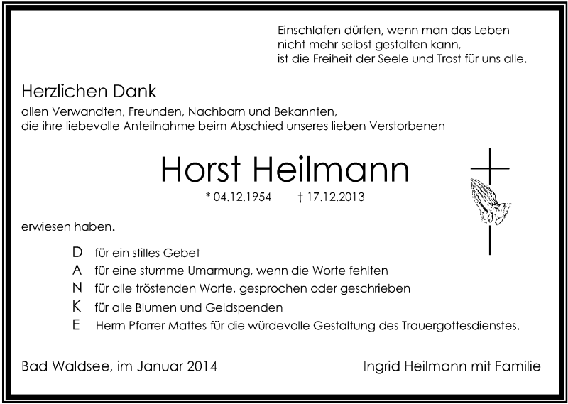  Traueranzeige für Horst Heilmann vom 08.01.2014 aus Schwäbische Zeitung