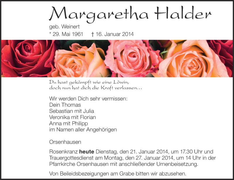  Traueranzeige für Margaretha Halder vom 21.01.2014 aus Schwäbische Zeitung