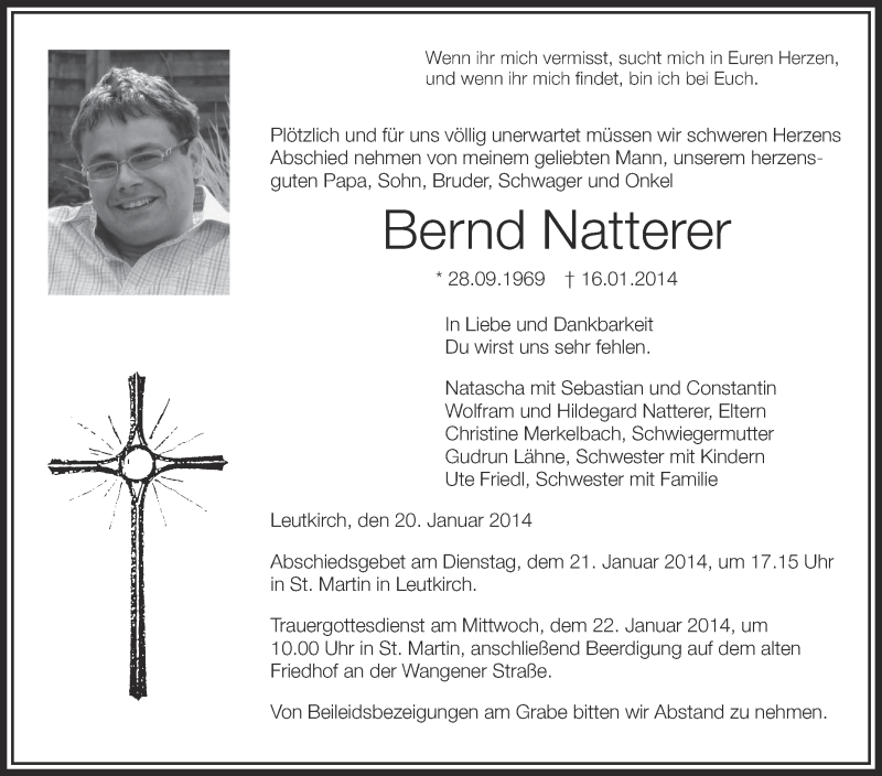  Traueranzeige für Bernd Natterer vom 20.01.2014 aus Schwäbische Zeitung