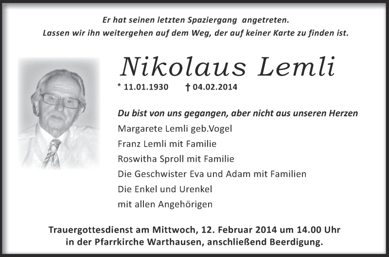  Traueranzeige für Nikolaus Lemli vom 08.02.2014 aus Schwäbische Zeitung