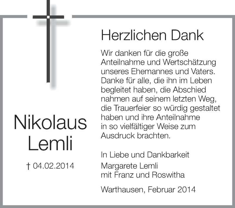  Traueranzeige für Nikolaus Lemli vom 22.02.2014 aus Schwäbische Zeitung