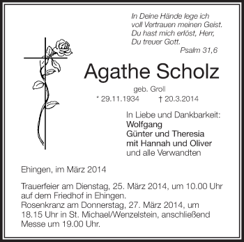 Traueranzeigen Von Agathe Scholz Schwaebische De Trauerportal