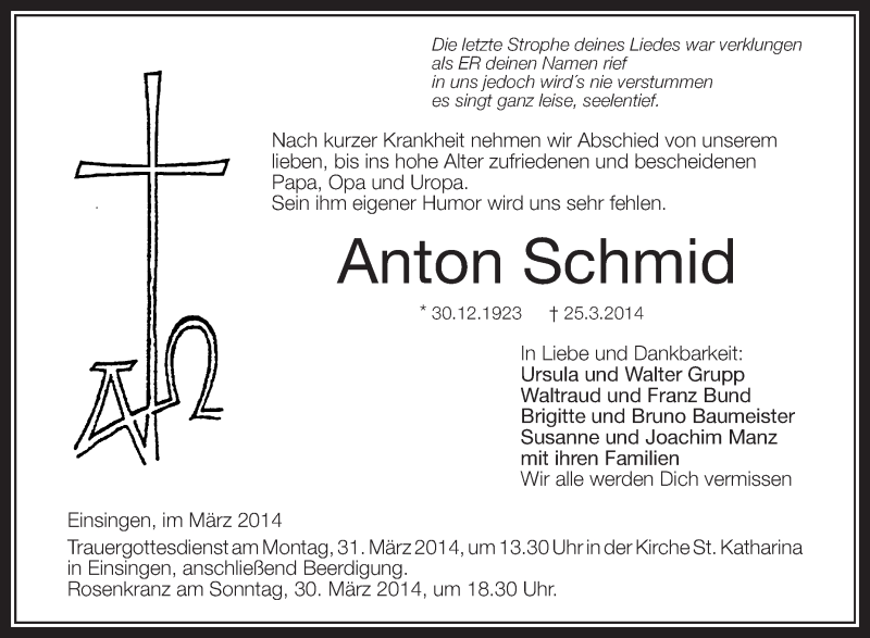 Traueranzeigen Von Anton Schmid Schwaebische De Trauerportal