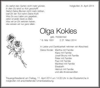 Traueranzeigen Von Olga Kokles Schwaebische De Trauerportal