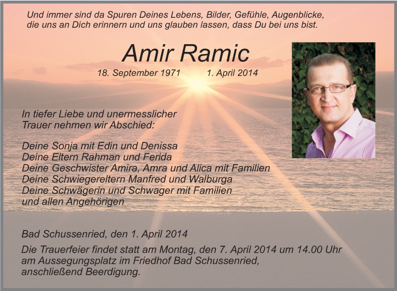  Traueranzeige für Amir Ramic vom 05.04.2014 aus Schwäbische Zeitung