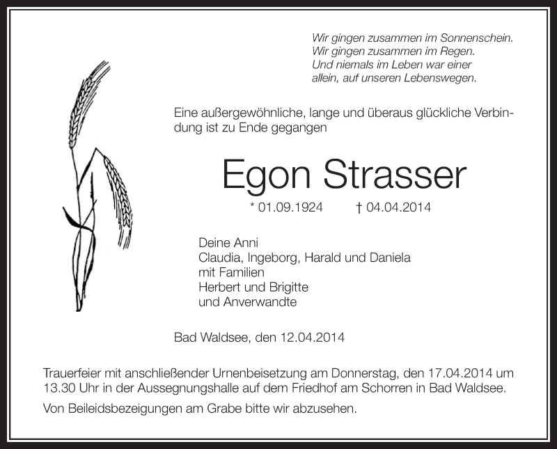  Traueranzeige für Egon Strasser vom 12.04.2014 aus Schwäbische Zeitung