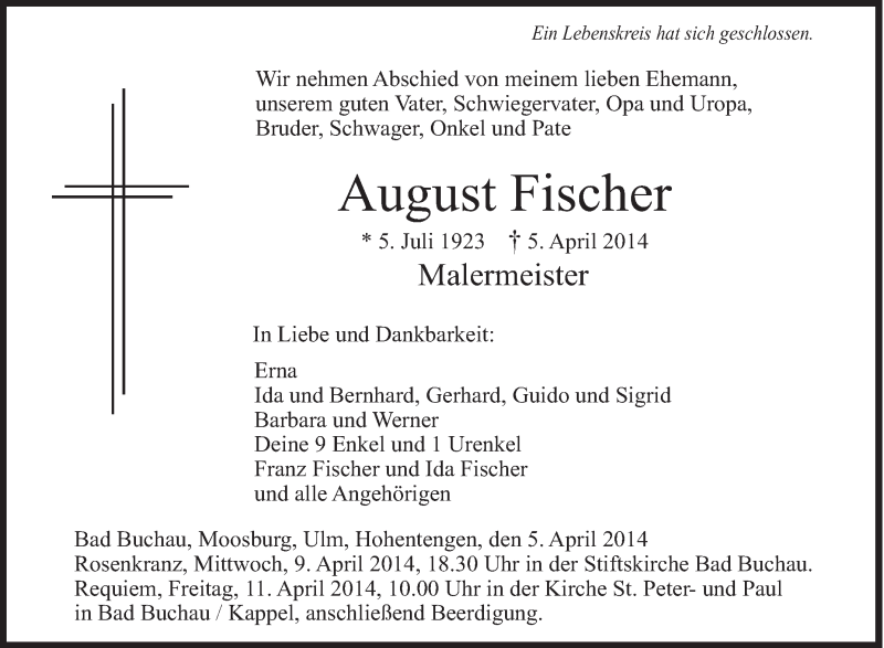  Traueranzeige für August Fischer vom 09.04.2014 aus Schwäbische Zeitung