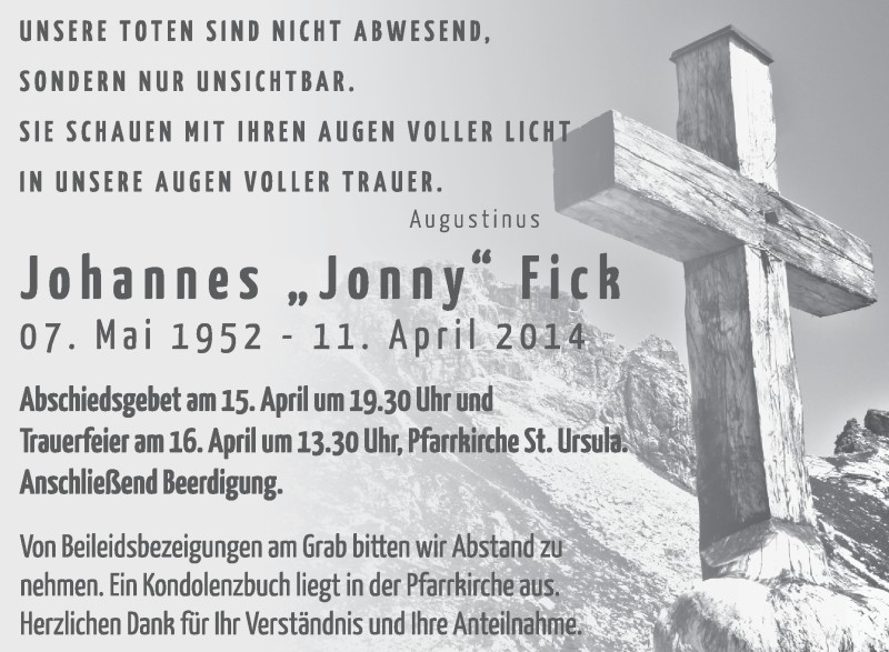  Traueranzeige für Johannes Fick vom 14.04.2014 aus Schwäbische Zeitung