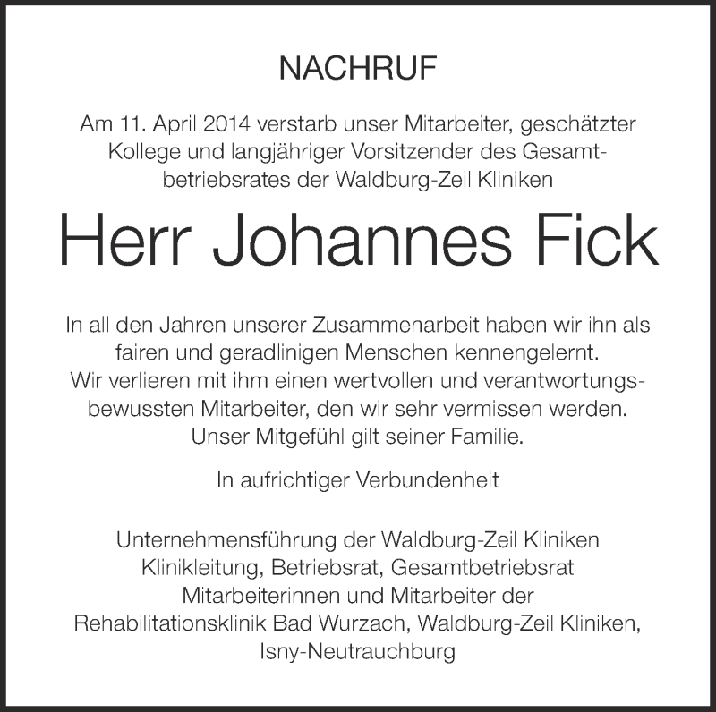  Traueranzeige für Johannes Fick vom 15.04.2014 aus Schwäbische Zeitung
