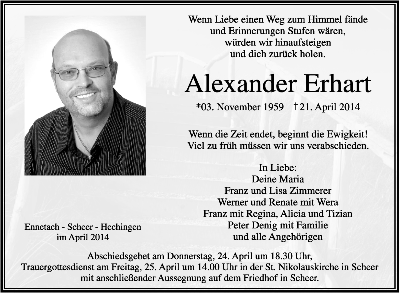  Traueranzeige für Alexander Erhart vom 23.04.2014 aus Schwäbische Zeitung