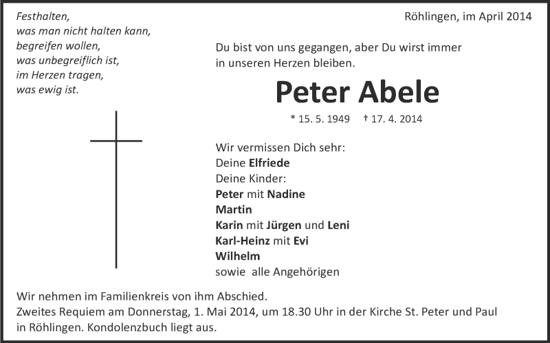  Traueranzeige für Peter Abele vom 23.04.2014 aus Schwäbische Zeitung