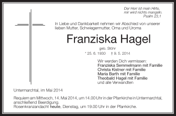 Anzeige von Franziska Hagel von Schwäbische Zeitung