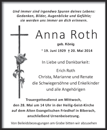 Anzeige von Anna Roth von Schwäbische Zeitung