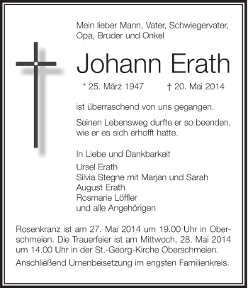 Anzeige von Johann Erath von Schwäbische Zeitung