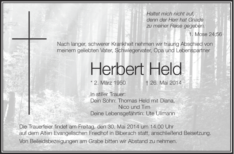  Traueranzeige für Herbert Held vom 28.05.2014 aus Schwäbische Zeitung