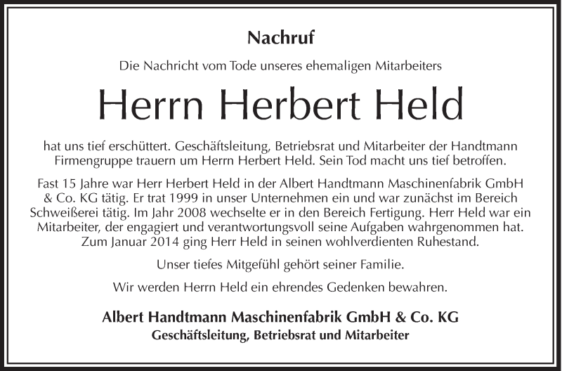  Traueranzeige für Herbert Held vom 30.05.2014 aus Schwäbische Zeitung