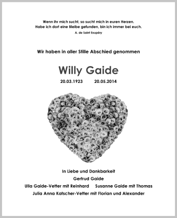 Anzeige von Willy Gaide von Schwäbische Zeitung