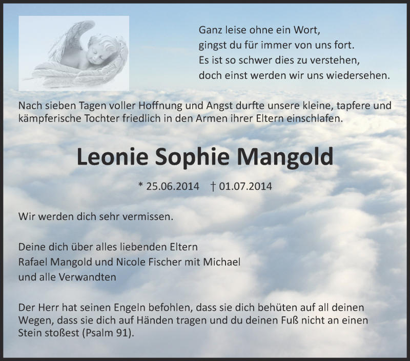  Traueranzeige für Leonie Sophie Mangold vom 07.07.2014 aus Schwäbische Zeitung