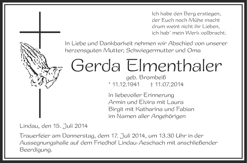  Traueranzeige für Gerda Elmenthaler vom 15.07.2014 aus Schwäbische Zeitung