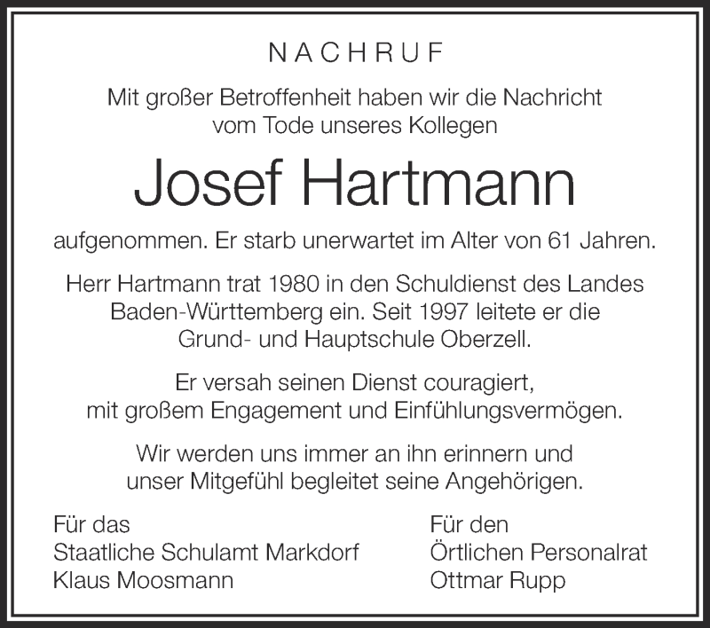  Traueranzeige für Josef Hartmann vom 26.07.2014 aus Schwäbische Zeitung