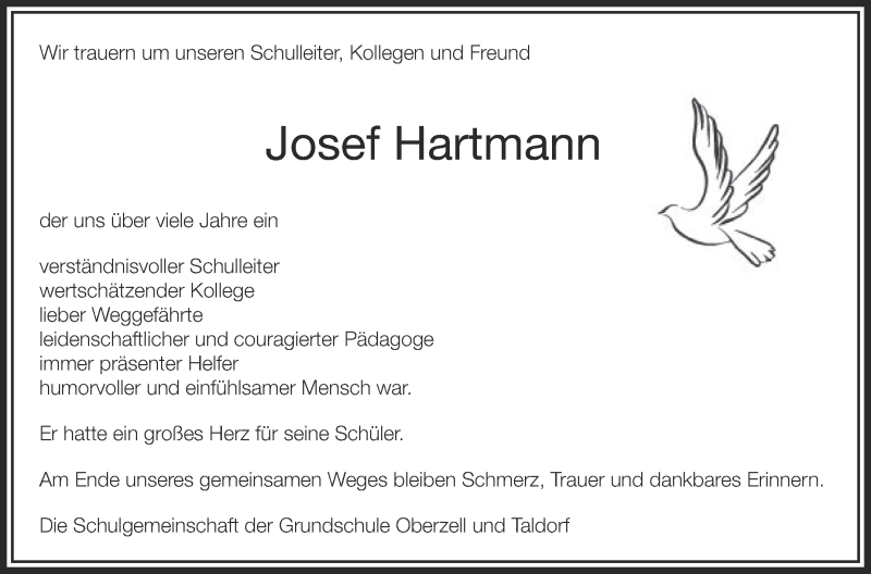 Traueranzeige für Josef Hartmann vom 26.07.2014 aus Schwäbische Zeitung