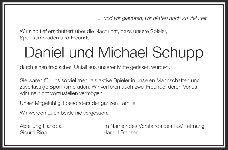  Traueranzeige für Daniel und Michael Schupp vom 29.07.2014 aus Schwäbische Zeitung