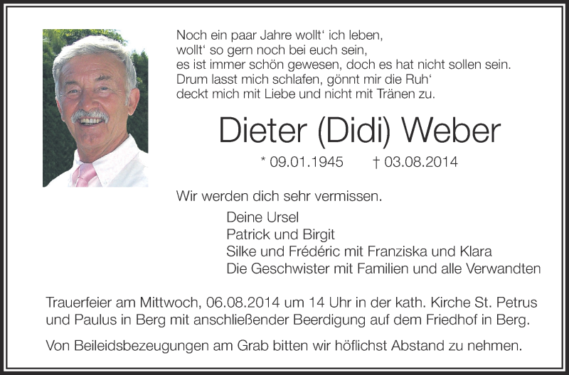  Traueranzeige für Dieter  Weber vom 05.08.2014 aus Schwäbische Zeitung