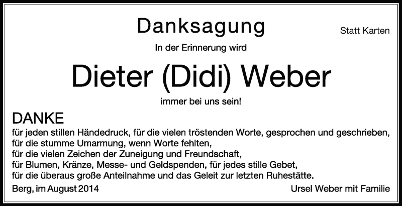  Traueranzeige für Dieter  Weber vom 16.08.2014 aus Schwäbische Zeitung