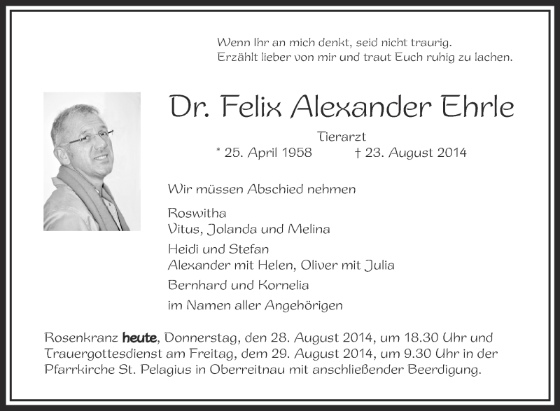  Traueranzeige für Felix Alexander Ehrle vom 28.08.2014 aus Schwäbische Zeitung