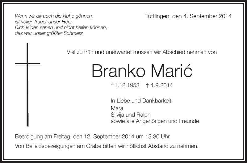  Traueranzeige für Branko Maric vom 09.09.2014 aus Schwäbische Zeitung