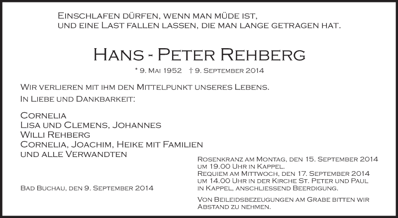  Traueranzeige für Hans-Peter Rehberg vom 13.09.2014 aus Schwäbische Zeitung