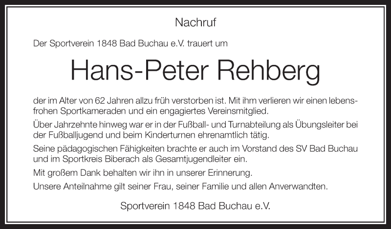  Traueranzeige für Hans-Peter Rehberg vom 16.09.2014 aus Schwäbische Zeitung