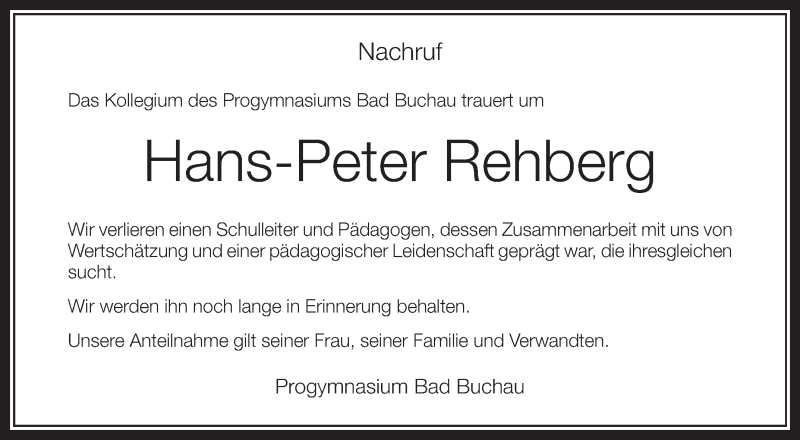  Traueranzeige für Hans-Peter Rehberg vom 17.09.2014 aus Schwäbische Zeitung