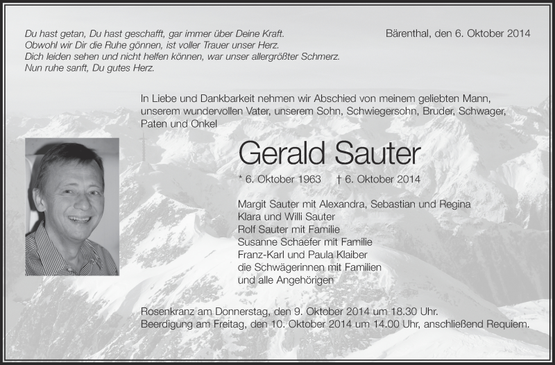  Traueranzeige für Gerald Sauter vom 08.10.2014 aus Schwäbische Zeitung