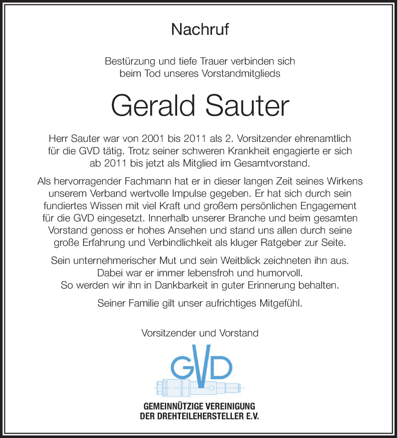  Traueranzeige für Gerald Sauter vom 09.10.2014 aus Schwäbische Zeitung