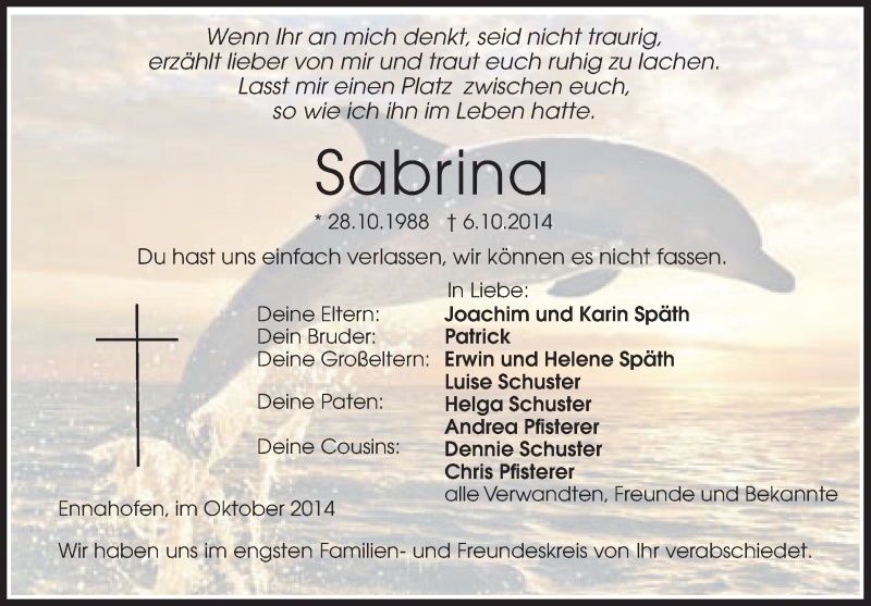  Traueranzeige für Sabrina Späth vom 16.10.2014 aus Schwäbische Zeitung