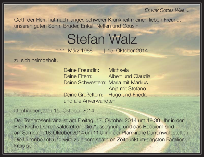  Traueranzeige für Stefan Walz vom 17.10.2014 aus Schwäbische Zeitung
