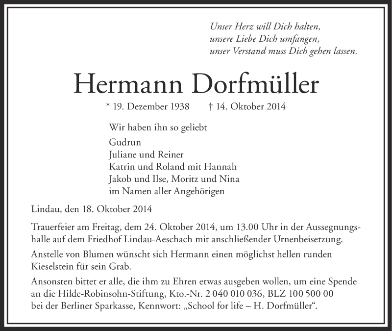 Traueranzeige für Hermann Dorfmüller vom 18.10.2014 aus Schwäbische Zeitung